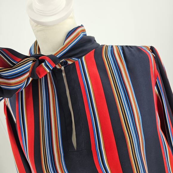 VTG 60s Saint Laurent Rive Gauche Blouse Multicolor Striped Silk Tie Neck Sz 38 - Picture 5 of 6